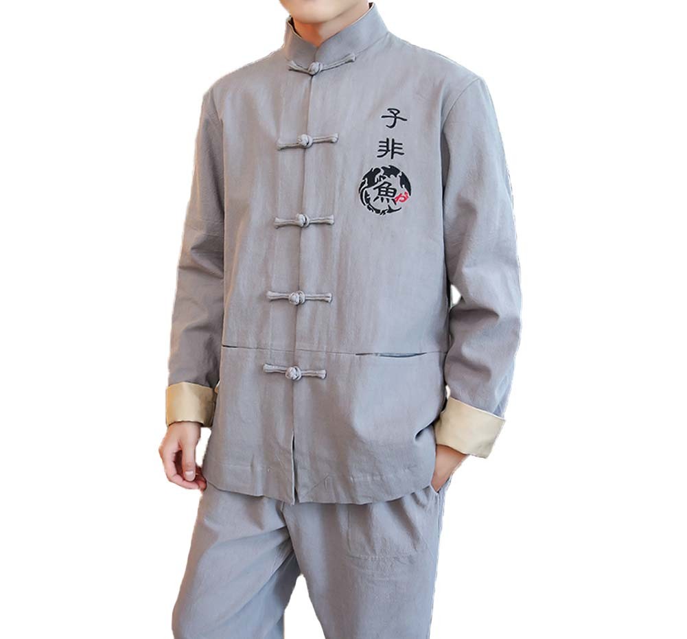 Mens Suit Standing Collar Cotton and Linen Chinese Long Sleeve KungFu Cloth Men Shirt, Grey