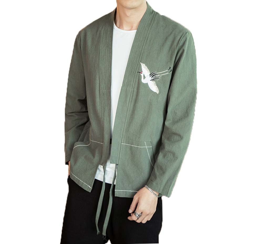 Mens Standing Collar Cotton and Linen Chinese Long Sleeve KungFu Cloth Men's Shirt, Green