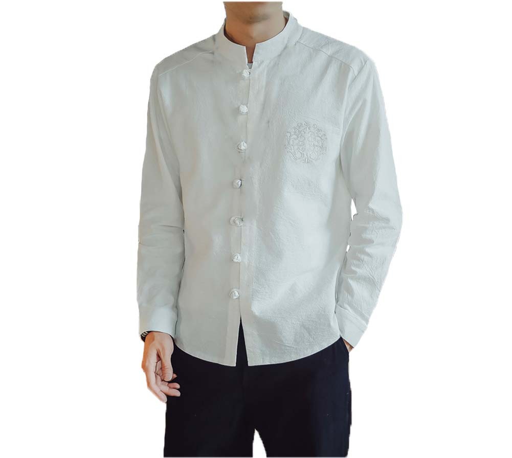 [#3]Mens Standing Collar Cotton and Linen Chinese Long Sleeve KungFu Cloth Men's Shirt Outerware, White