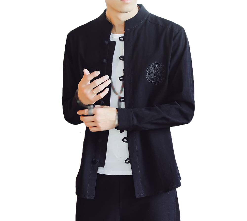 [#3]Mens Standing Collar Cotton and Linen Chinese Long Sleeve KungFu Cloth Men's Shirt Outerware, Black