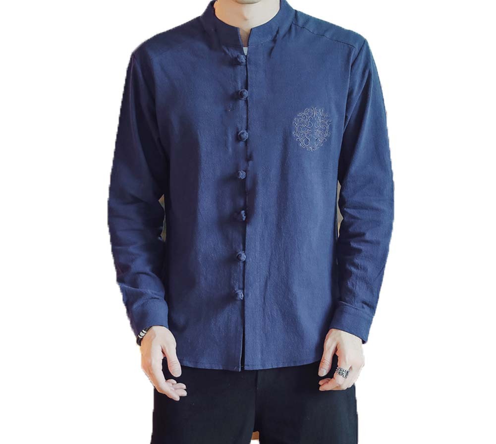 [#3]Mens Standing Collar Cotton and Linen Chinese Long Sleeve KungFu Cloth Men's Shirt Outerware, Navy blue
