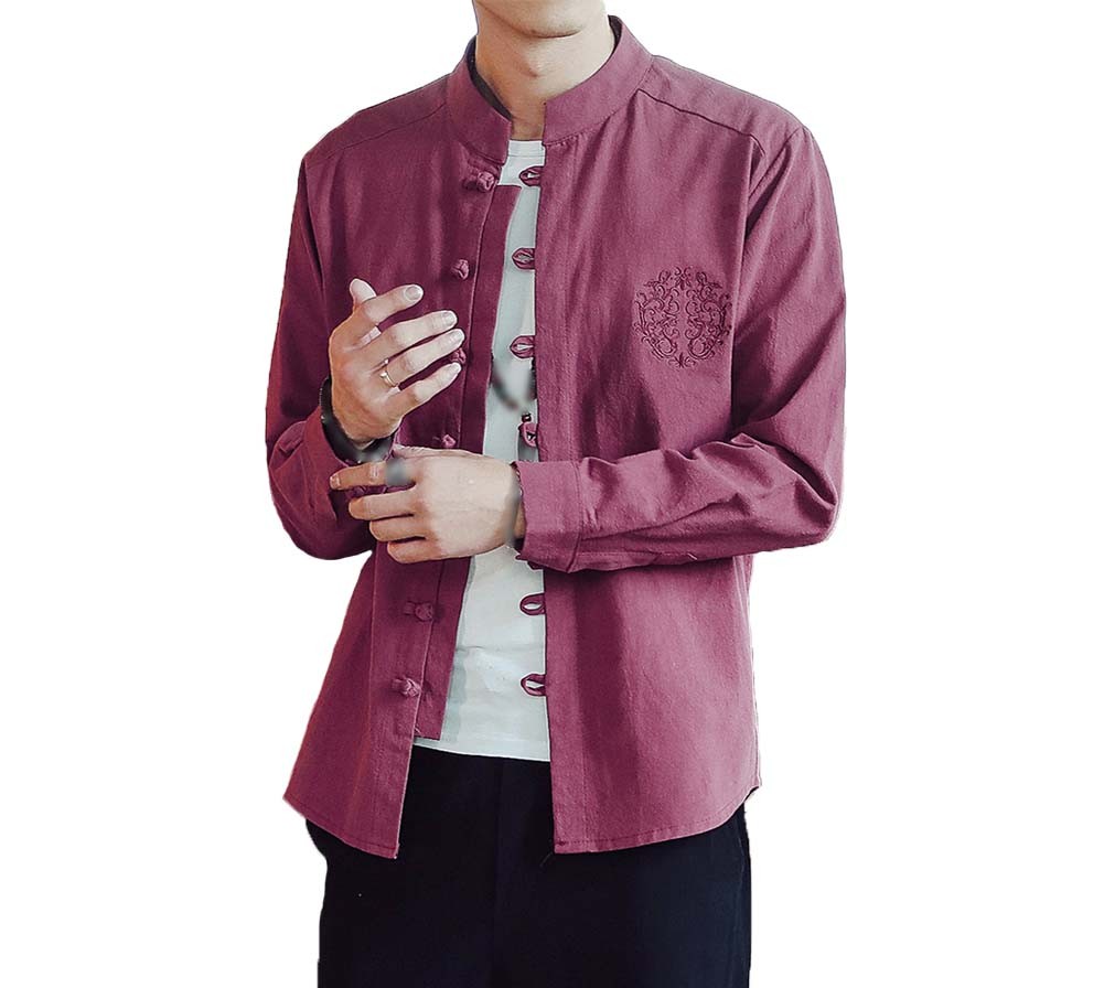 [#3]Mens Standing Collar Cotton and Linen Chinese Long Sleeve KungFu Cloth Men's Shirt Outerware, Wine red