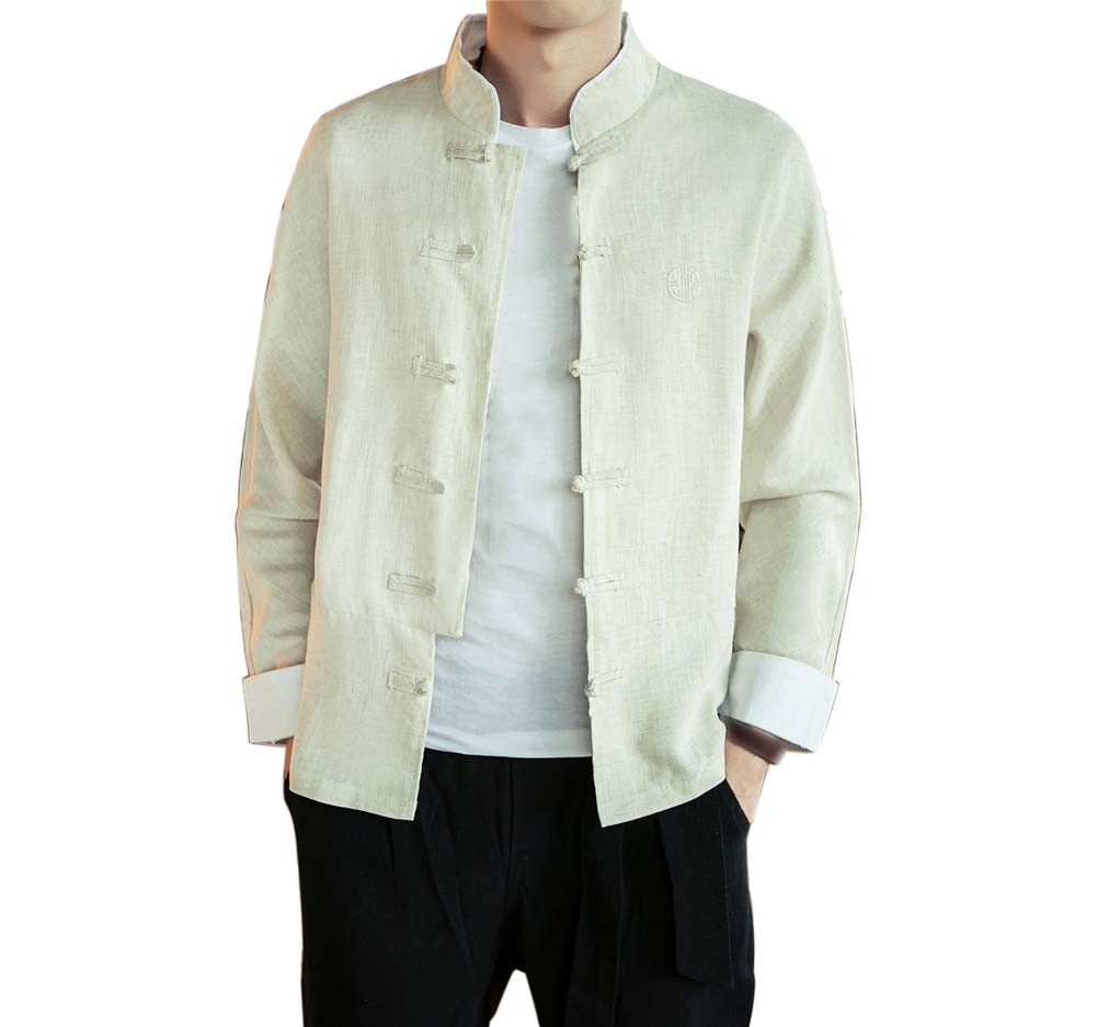 [#4]Mens Standing Collar Cotton and Linen Chinese Long Sleeve KungFu Cloth Men's Shirt Outerware, Beige