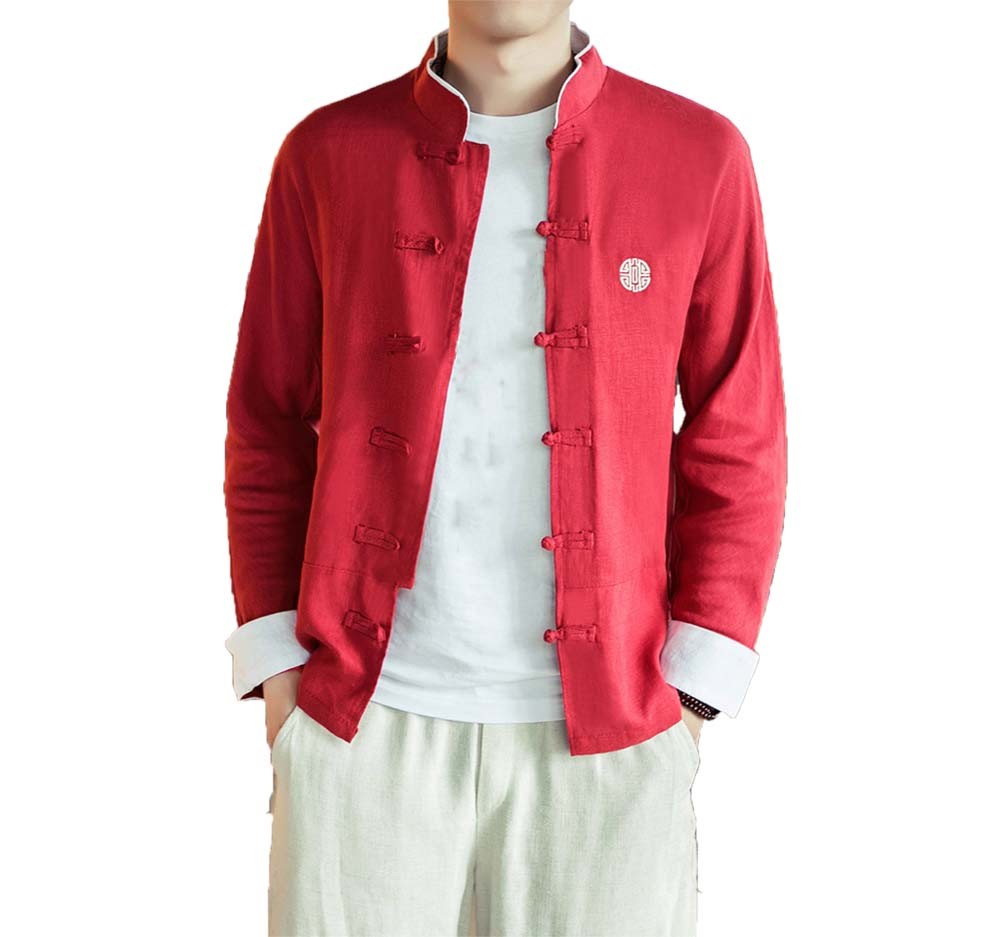 [#4]Mens Standing Collar Cotton and Linen Chinese Long Sleeve KungFu Cloth Men's Shirt Outerware, Red