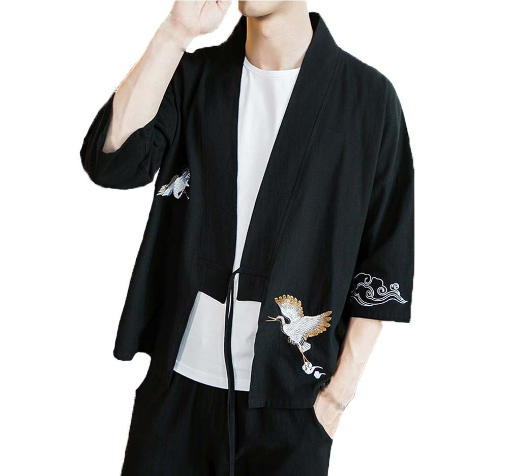 [#2]Mens Standing Collar Cotton and Linen Chinese Half Sleeve KungFu Cloth Men's Shirt Outerware, Black