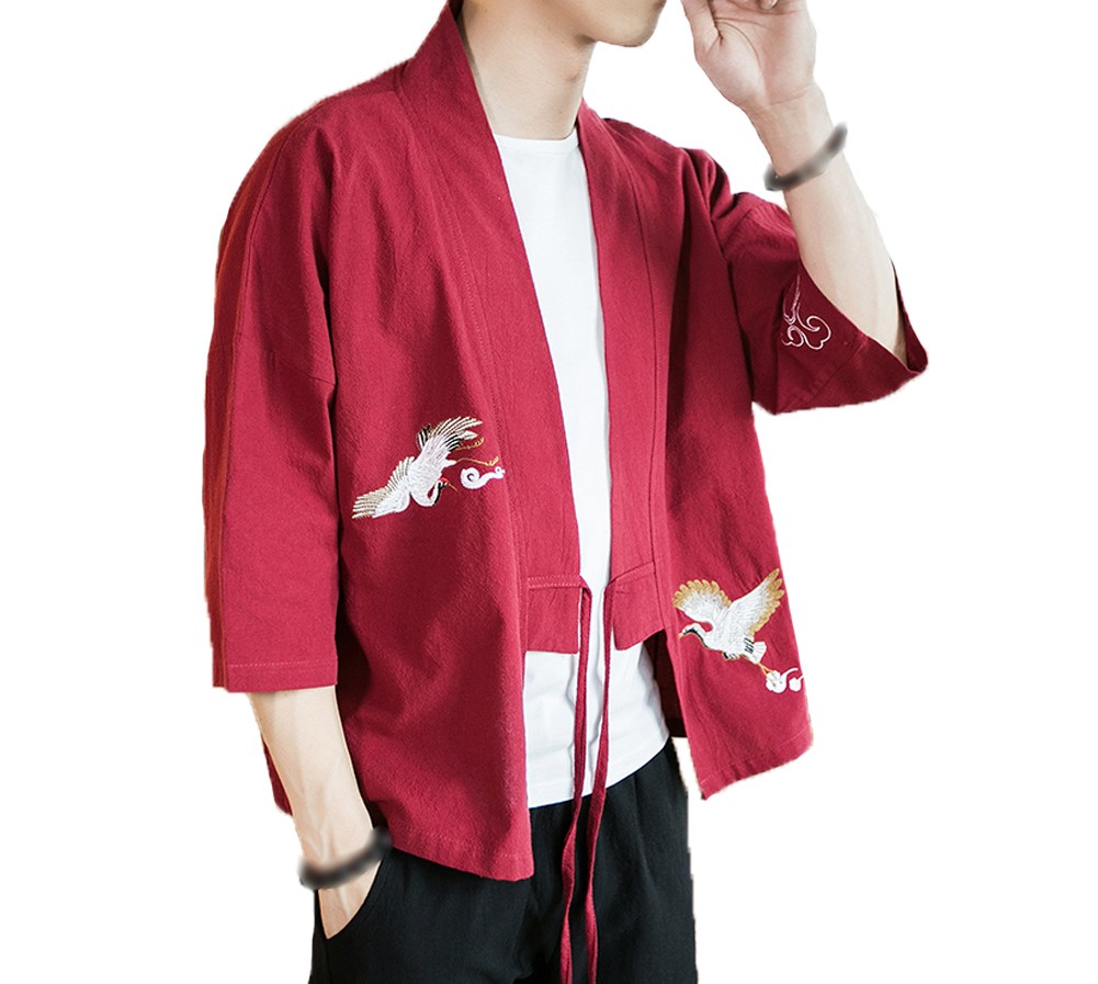 [#2]Mens Standing Collar Cotton and Linen Chinese Half Sleeve KungFu Cloth Men's Shirt Outerware, Wine red