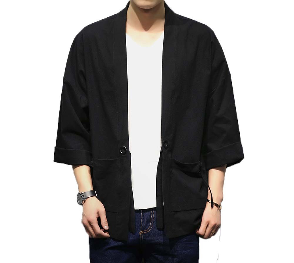 [#3]Mens Standing Collar Cotton and Linen Chinese Half Sleeve KungFu Cloth Men's Shirt Outerware, Black