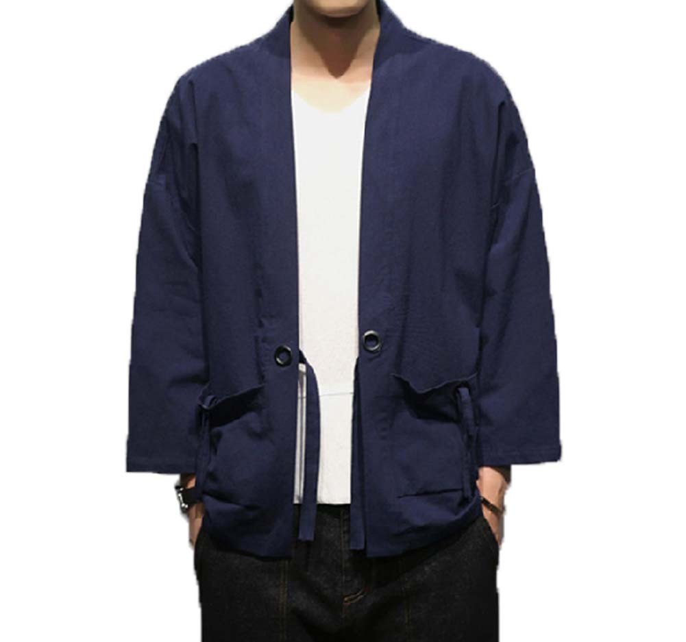 [#3]Mens Standing Collar Cotton and Linen Chinese Half Sleeve KungFu Cloth Men's Shirt Outerware, Navy blue
