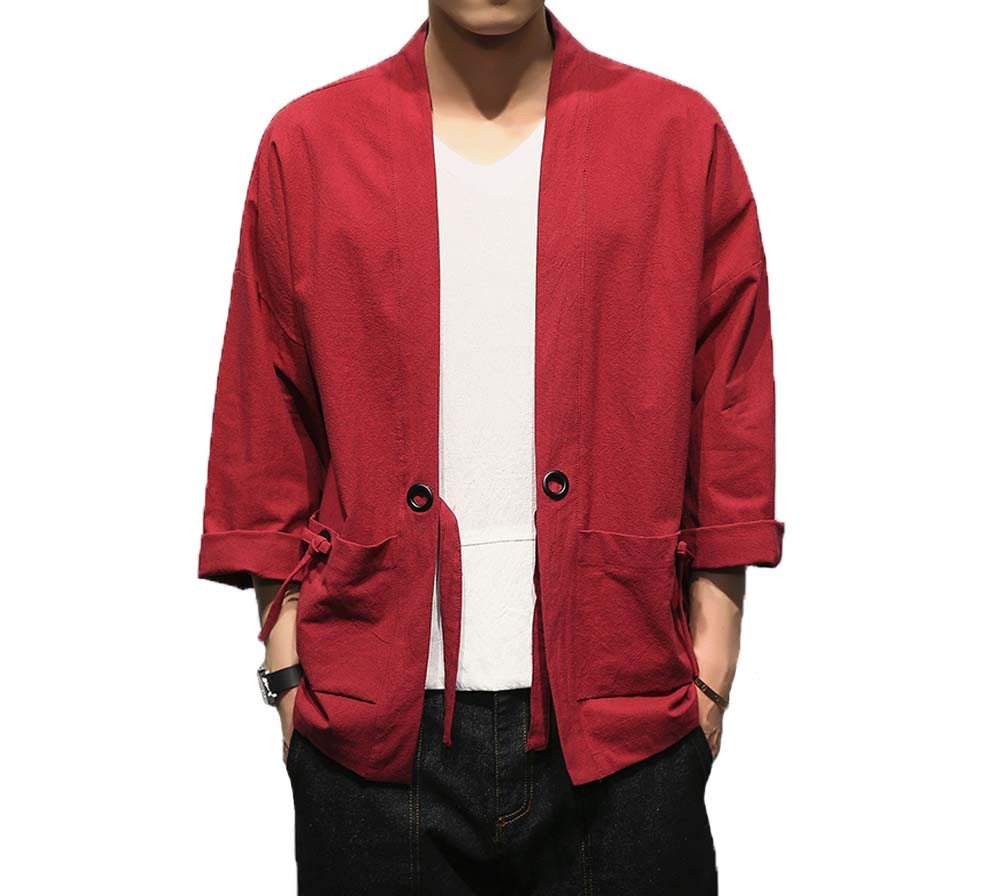 [#3]Mens Standing Collar Cotton and Linen Chinese Half Sleeve KungFu Cloth Men's Shirt Outerware, Red