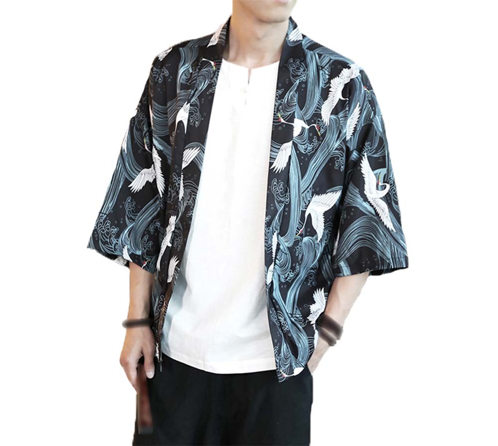 Mens Crane Pattern Chinese Half Sleeve KungFu Cloth Cotton and Linen Men's Shirt Outerware, A