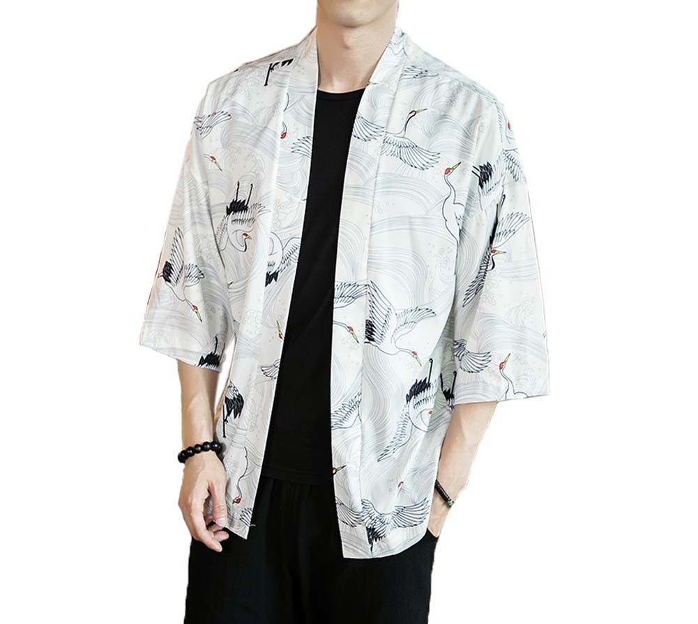 Mens Crane Pattern Chinese Half Sleeve KungFu Cloth Cotton and Linen Men's Shirt Outerware, B