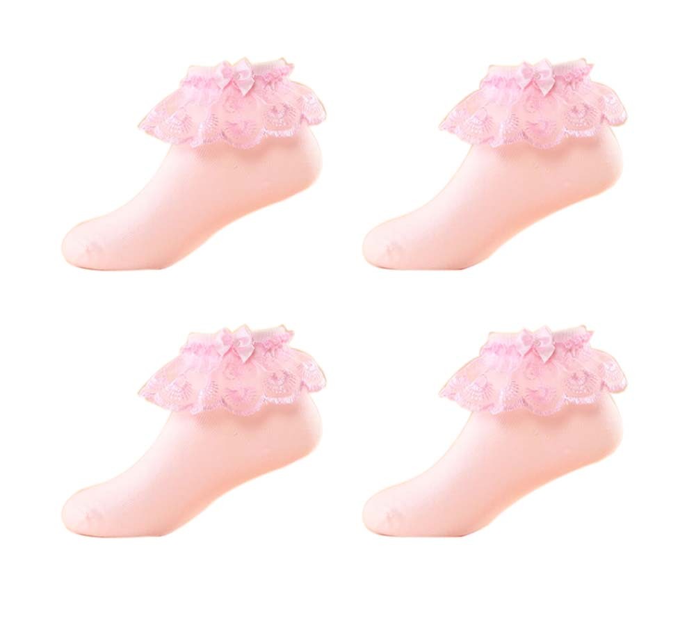 4 Pairs Baby Girls Socks For 3-5 Year-old Girls Short stockings With Lace Kids Cute Crew Socks Cotton [Pink]