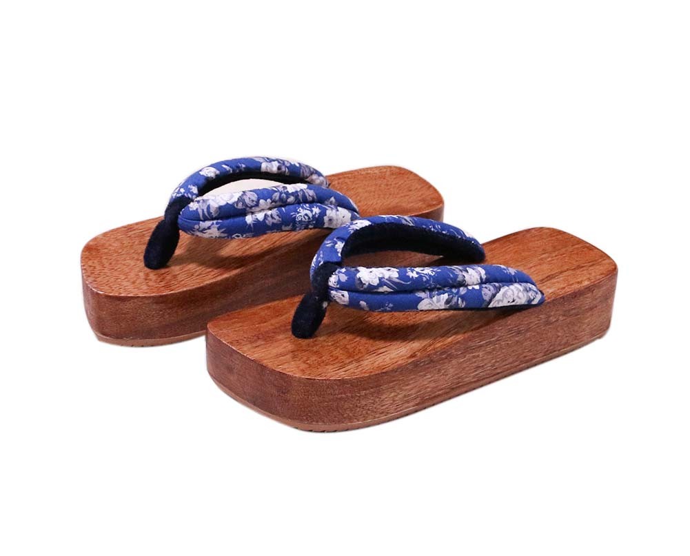 Japanese Style Wooden Clogs Womens Geta Sandals Blue and White Pattern Platform Shoe