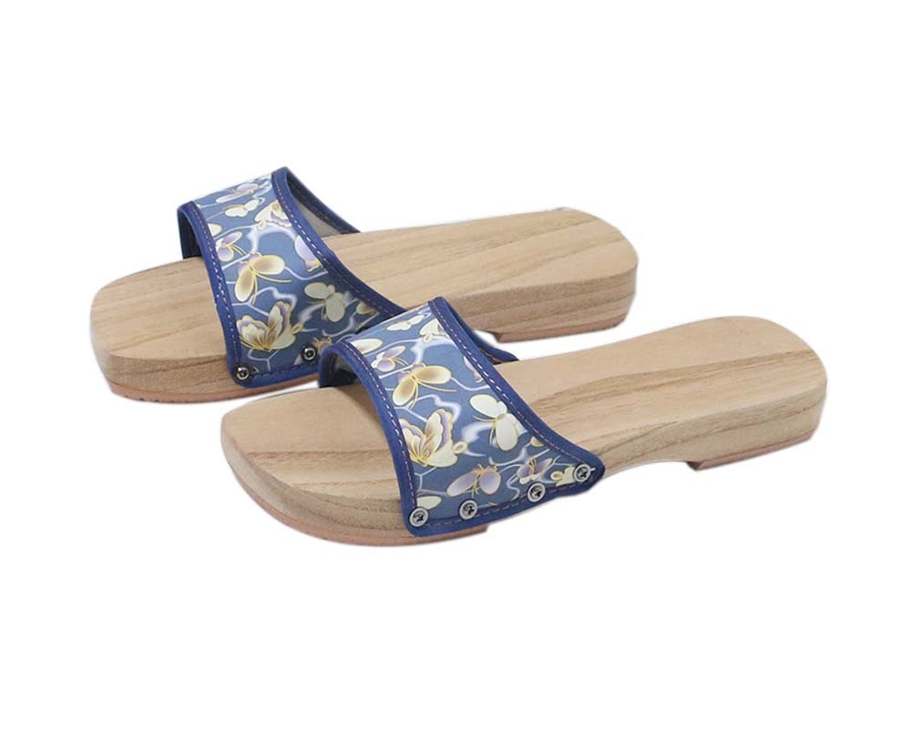 Wooden Clogs for Womens Blue Butterfly Pattern Breathable Slipper Indoor Outdoor
