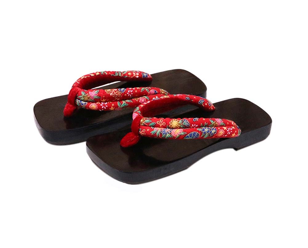 Japanese Style Wooden Clogs Womens Coating Sandals Red Flowers Pattern Geta