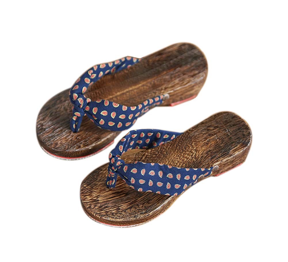 Womens Clogs Wood & Cloth Sandals Geta Breathable Casual Flip Flops Deep Blue Pattern