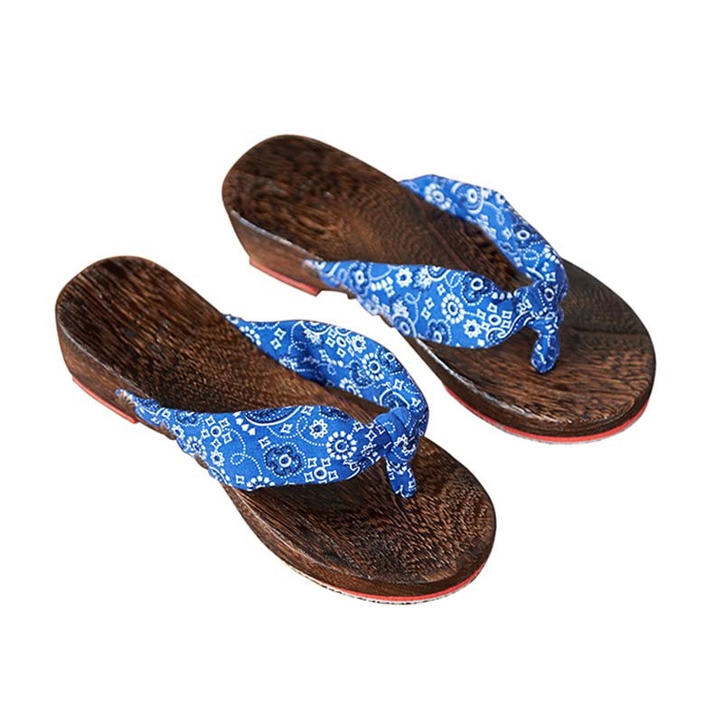 Womens Clogs Wood & Cloth Sandals Geta Breathable Casual Flip Flops Blue and White Pattern