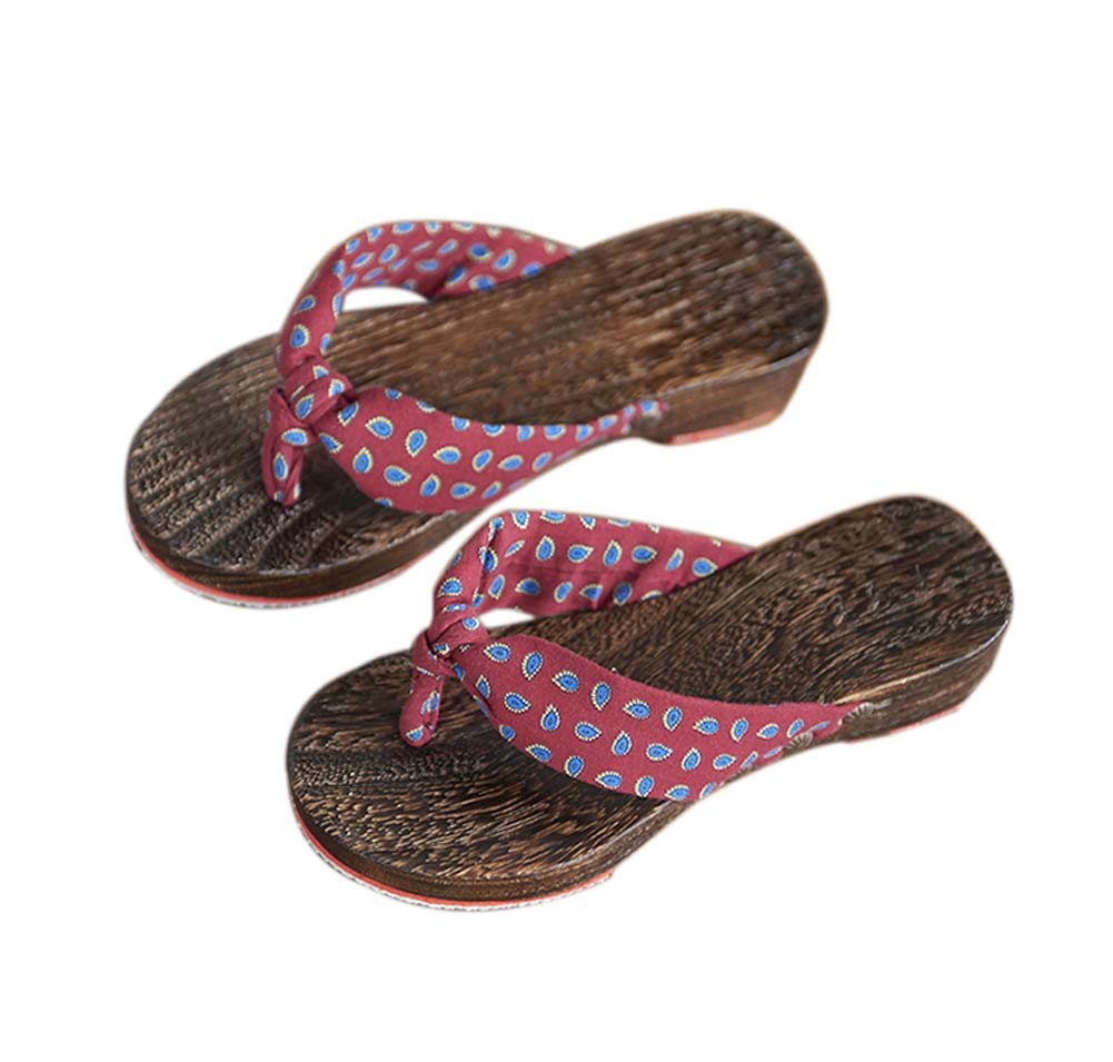 Womens Clogs Wood & Cloth Sandals Geta Breathable Casual Flip Flops Red wine