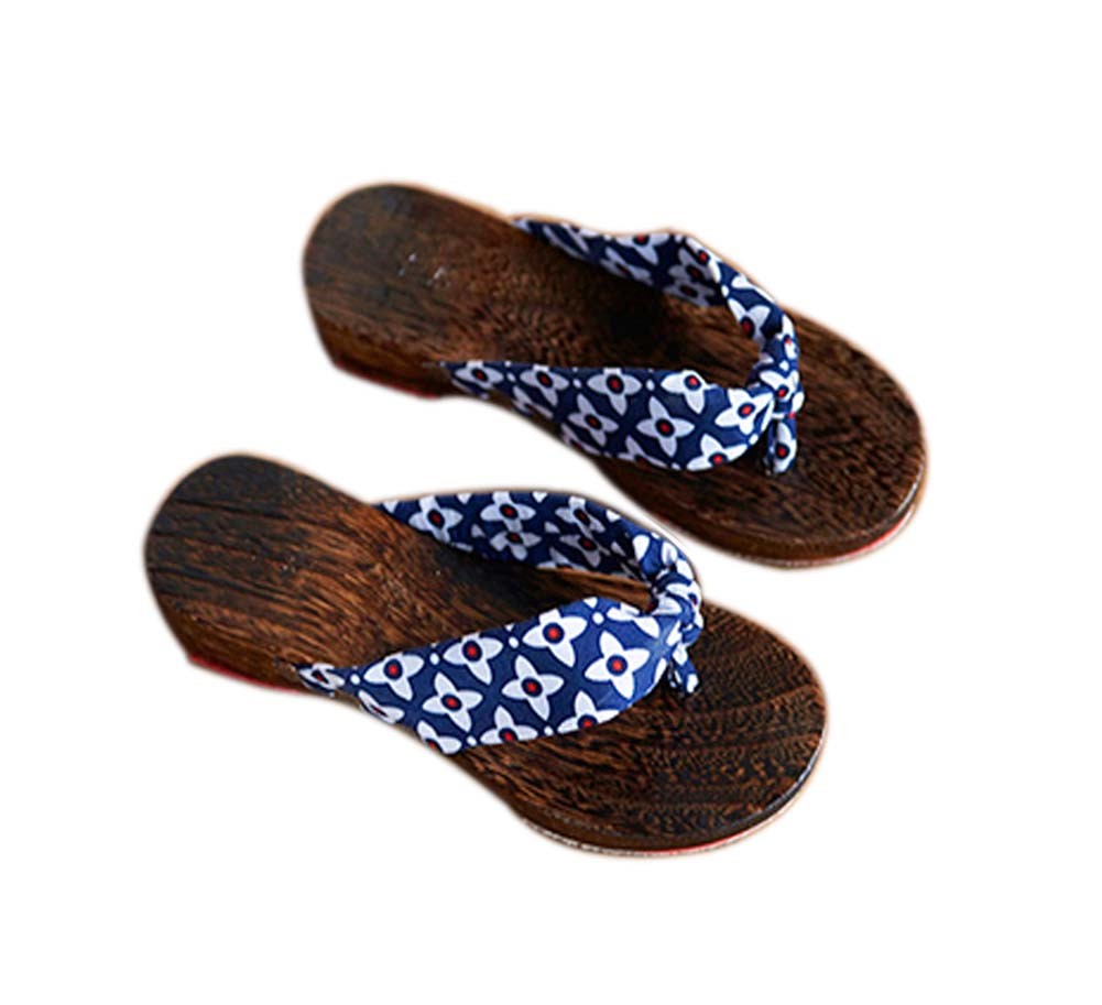 Womens Clogs Wood & Cloth Sandals Geta Breathable Casual Flip Flops Blue and White