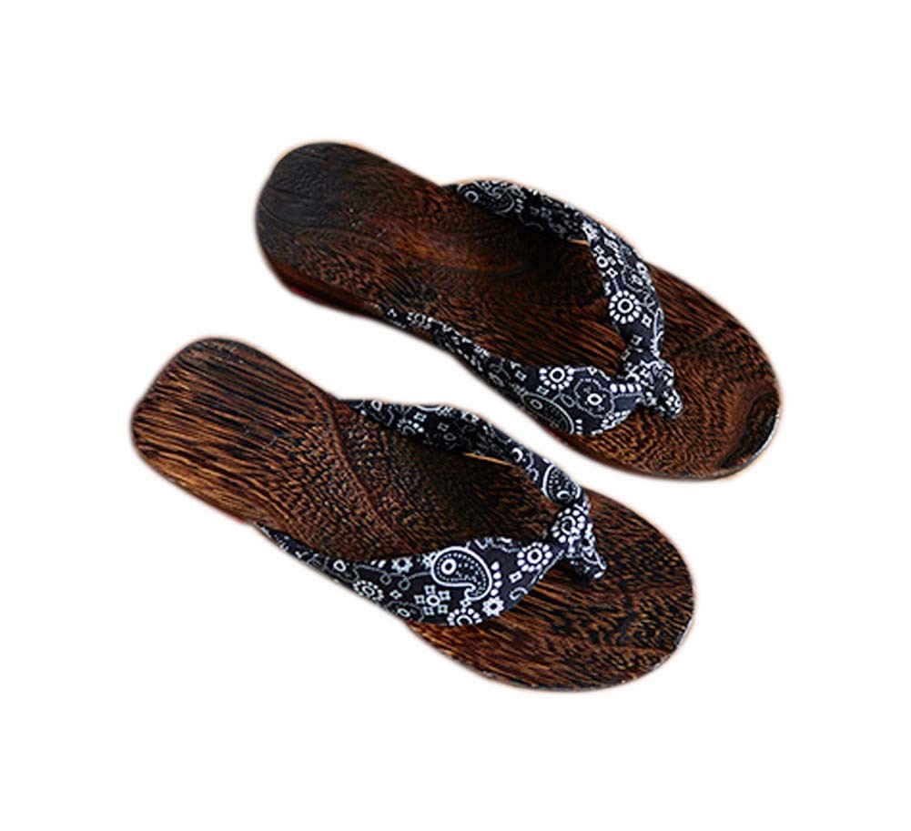 Womens Clogs Wood & Cloth Sandals Geta Breathable Casual Flip Flops Black and White