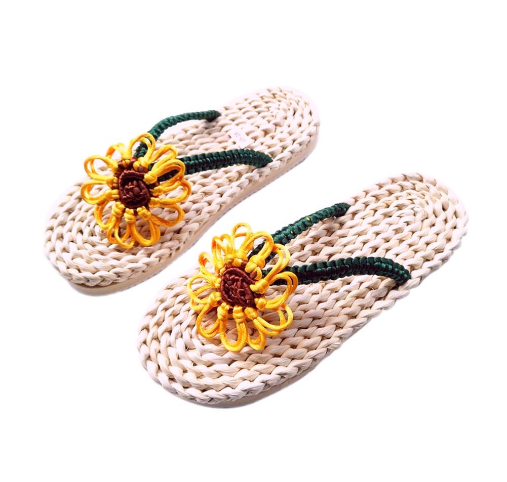Handmade Straw Sandals Womens Natural Straw Flats Flip Flops Casual Sunflower pattern