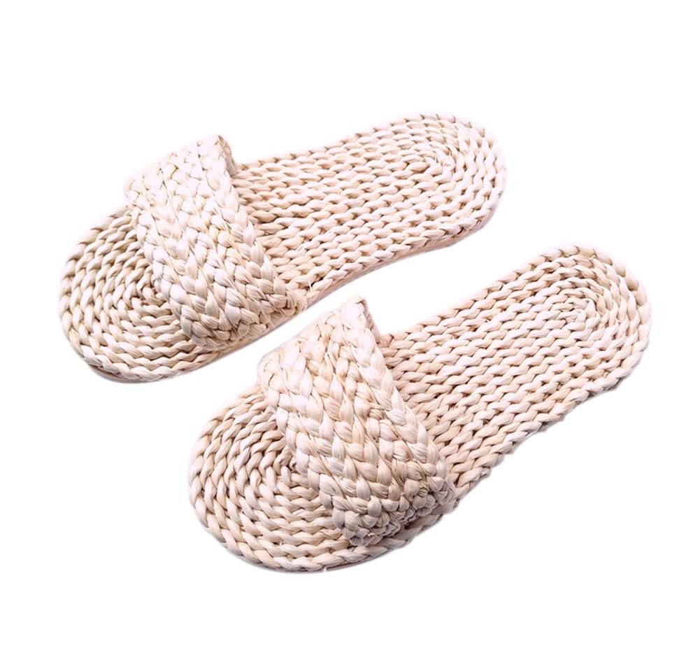 Handmade Straw Sandals Womens Natural Straw Flats Casual Style Woven Slippers