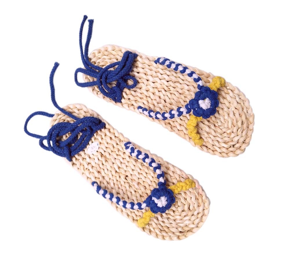 Handmade Straw Sandals Womens Natural Straw Flats Casual Style Woven Slippers Blue