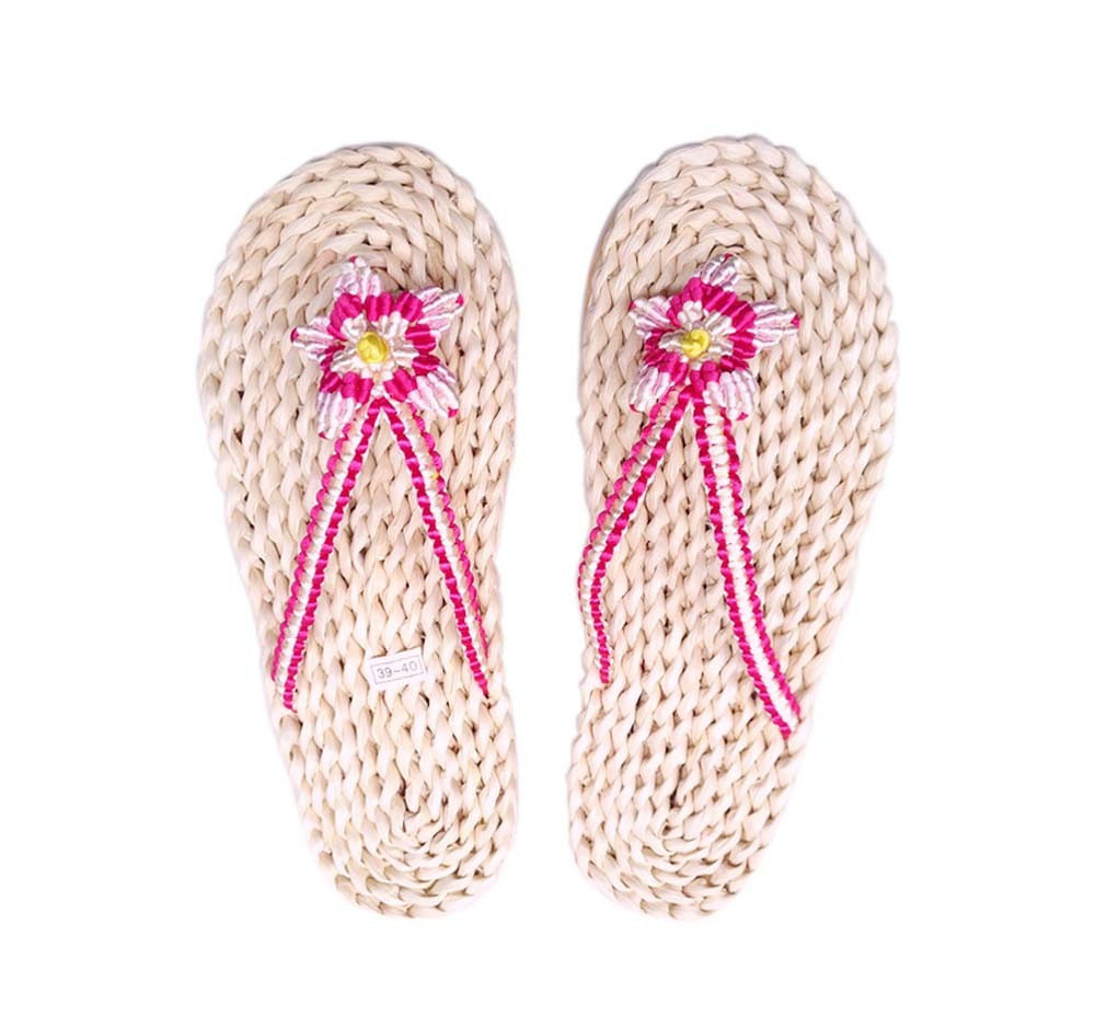 Handmade Woven Slippers Rose red Straw Sandals Casual style Flip Flops for Womens