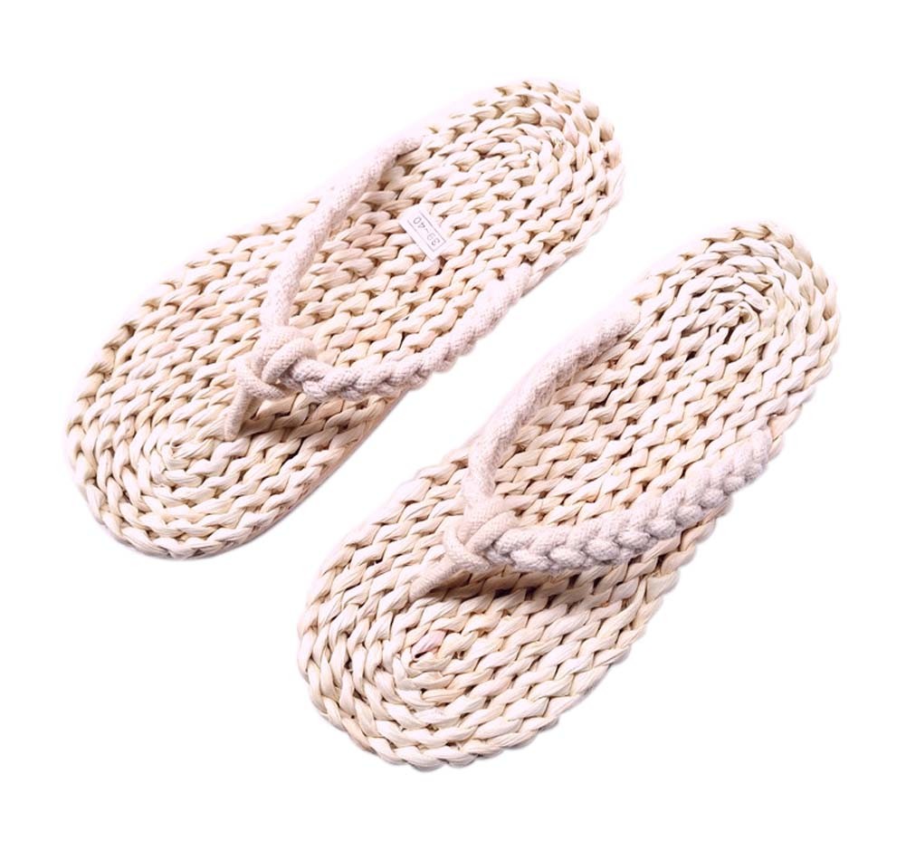 Straw Woven Slippers Mens Handmade Sandals Beige Lacing Casual style Flip Flops