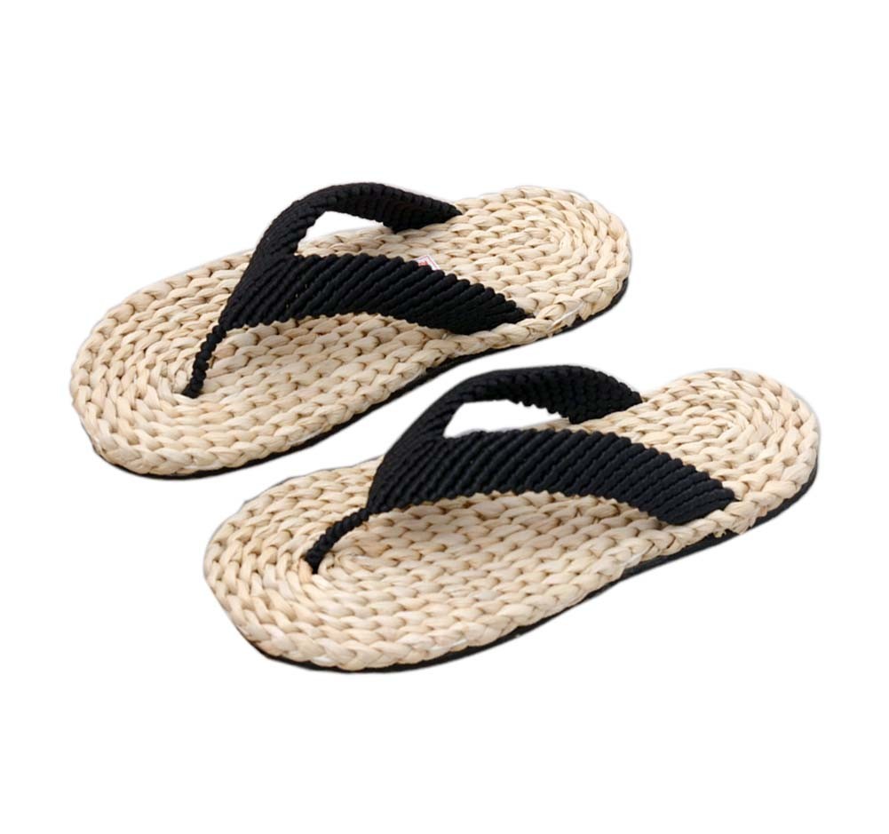 Mens Straw Woven Slippers Handmade Sandals Black Lacing Casual Style Flip Flops