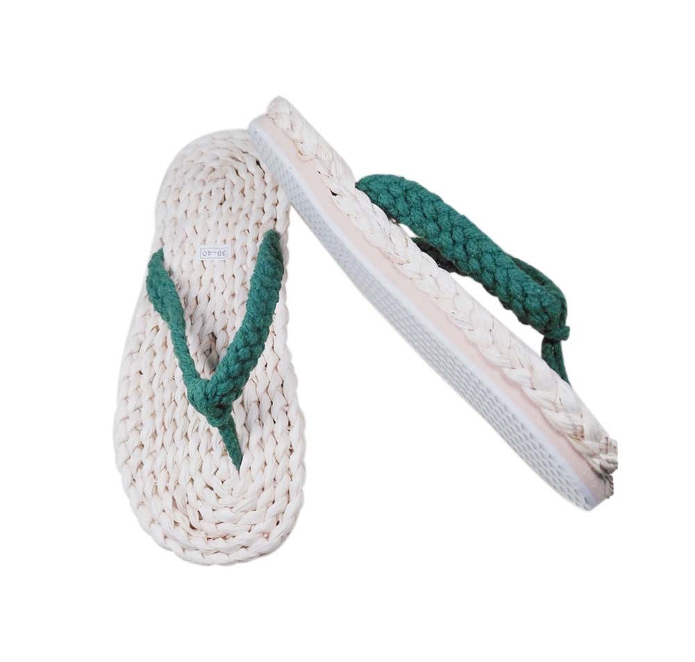 Mens Straw Woven Slippers Handmade Sandals Green Lacing Casual Style Flip Flops