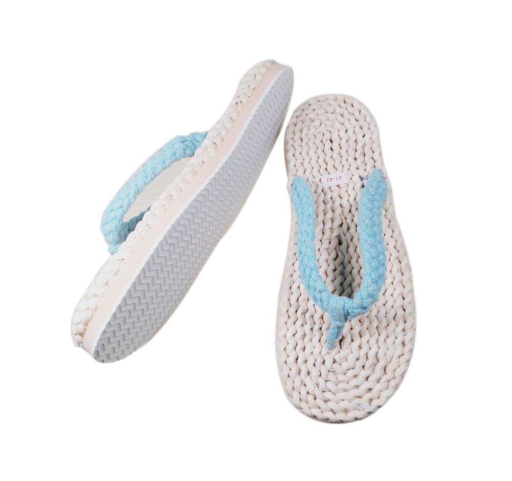 Mens Straw Woven Slippers Handmade Sandals Blue Lacing Casual Style Flip Flops