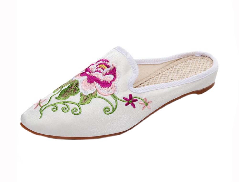 Women's Pointed Toe Backless Slippers Embroidery Lazy Loafers Flat Shoes, White