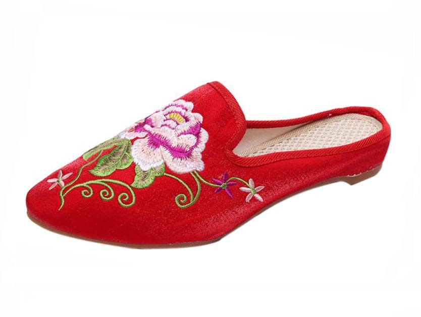 Women's Pointed Toe Backless Slippers Embroidery Lazy Loafers Flat Shoes, Red