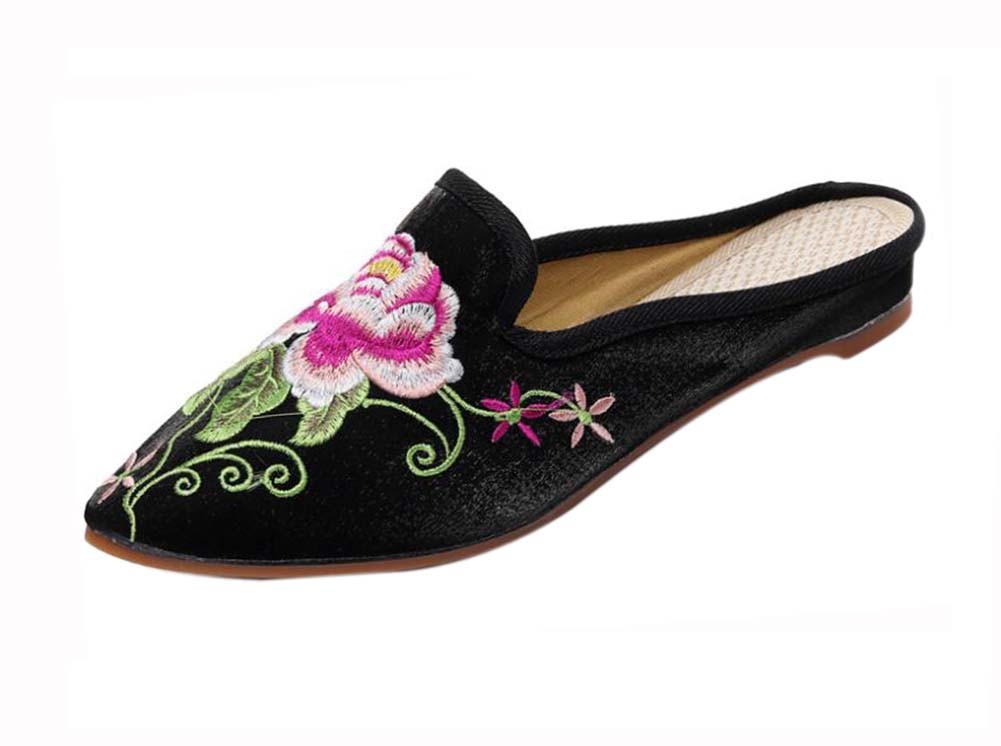 Women's Pointed Toe Backless Slippers Embroidery Lazy Loafers Flat Shoes, Black