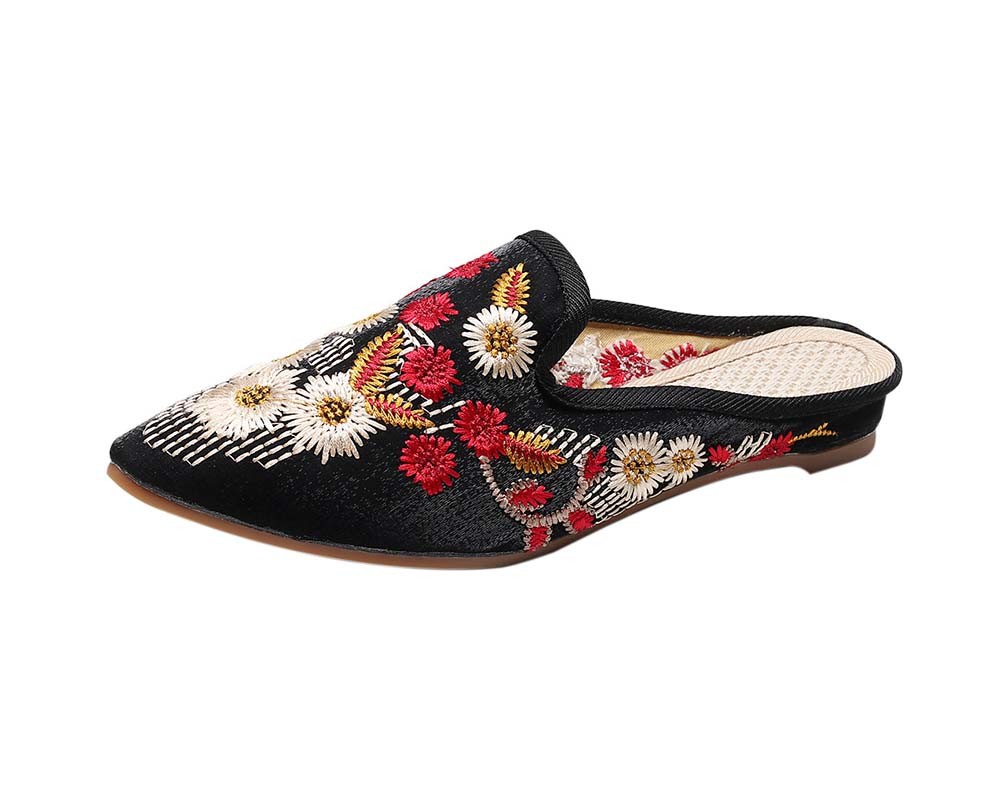 Women's Pointed Toe Backless Slippers Floral Embroidery Lazy Loafers Flat Shoes, Black