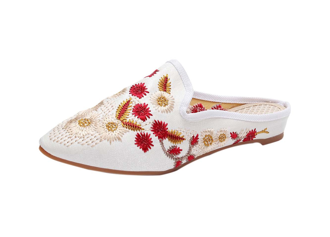 Women's Pointed Toe Backless Slippers Floral Embroidery Lazy Loafers Flat Shoes, White