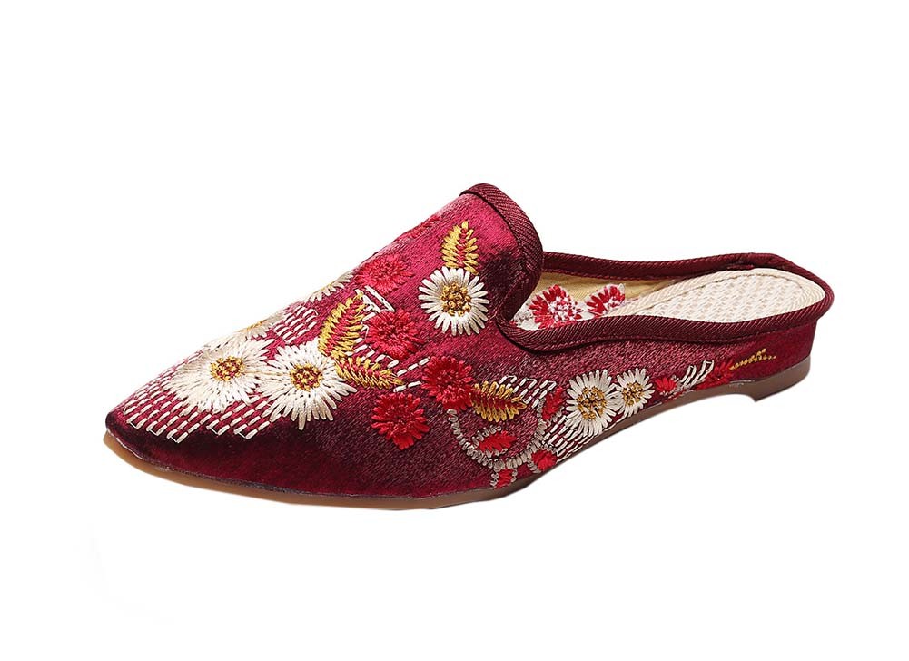 Women's Pointed Toe Backless Slippers Floral Embroidery Lazy Loafers Flat Shoes, Wine red