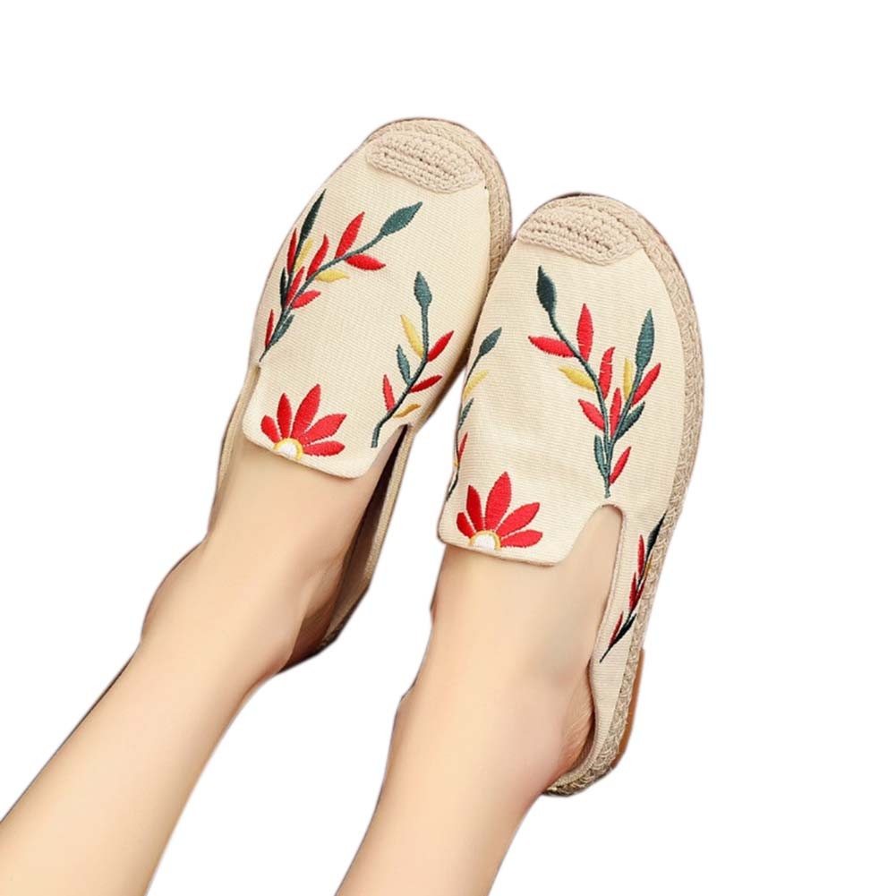 Women's Linen Backless Sandals Casual Embroidery Lazy Loafers Flat Shoes, White