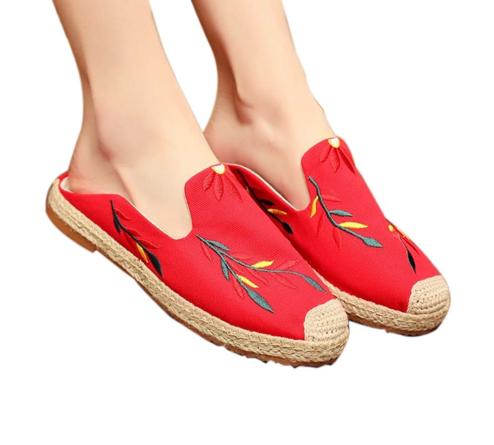 Women's Linen Backless Sandals Casual Embroidery Lazy Loafers Flat Shoes, Red