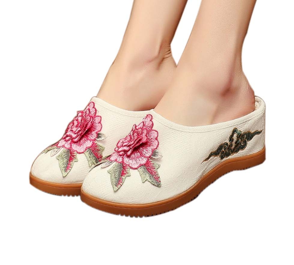 Women's Linen Backless Wedge Shoes Casual Heightening Slippers Breathable, White