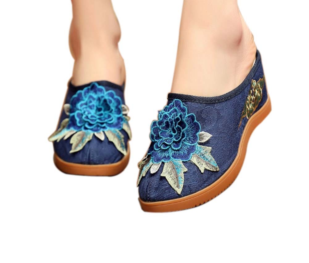 Women's Linen Backless Wedge Shoes Casual Heightening Slippers Breathable, Blue