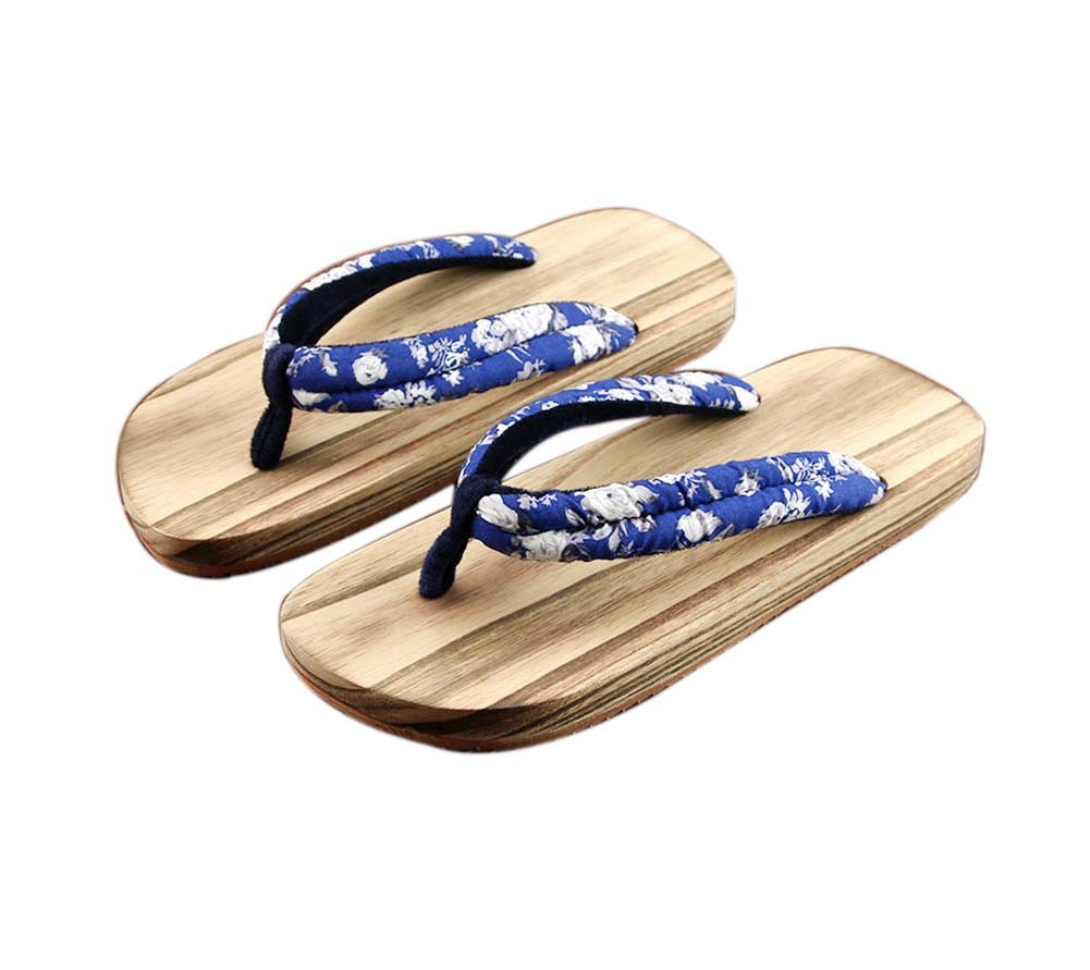 Mens Japanese Wooden Clogs Sandals Japan Traditional Wide Sole Flat Shoes Blue and White Flowers Geta