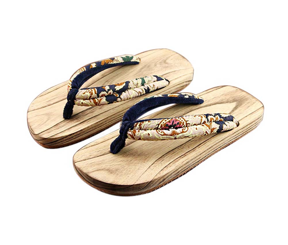 Mens Japanese Wooden Clogs Sandals Japan Traditional Wide Sole Flat Shoes Black and Yellow Pattern Geta