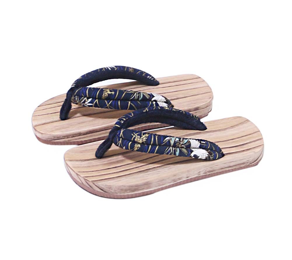 Japanese Wooden Clogs for Mens Sandals Japan Traditional Wide Sole Flat Shoes Blue Crane Pattern Non-slip Geta