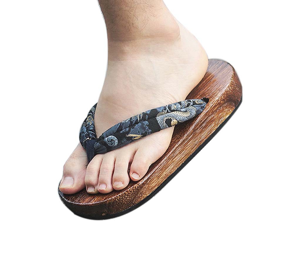 Japanese Wooden Clogs for Mens Sandals Japan Traditional Flat Shoes Black Gragon Pattern Non-slip Geta