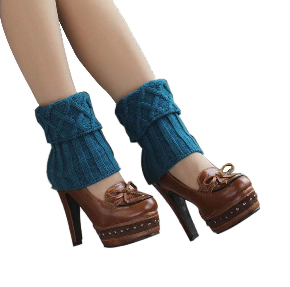 Women's Short Boots Socks Knitted Boot Cuffs Ladies Leg Warmers Socks, Blue Rhomb Pattern