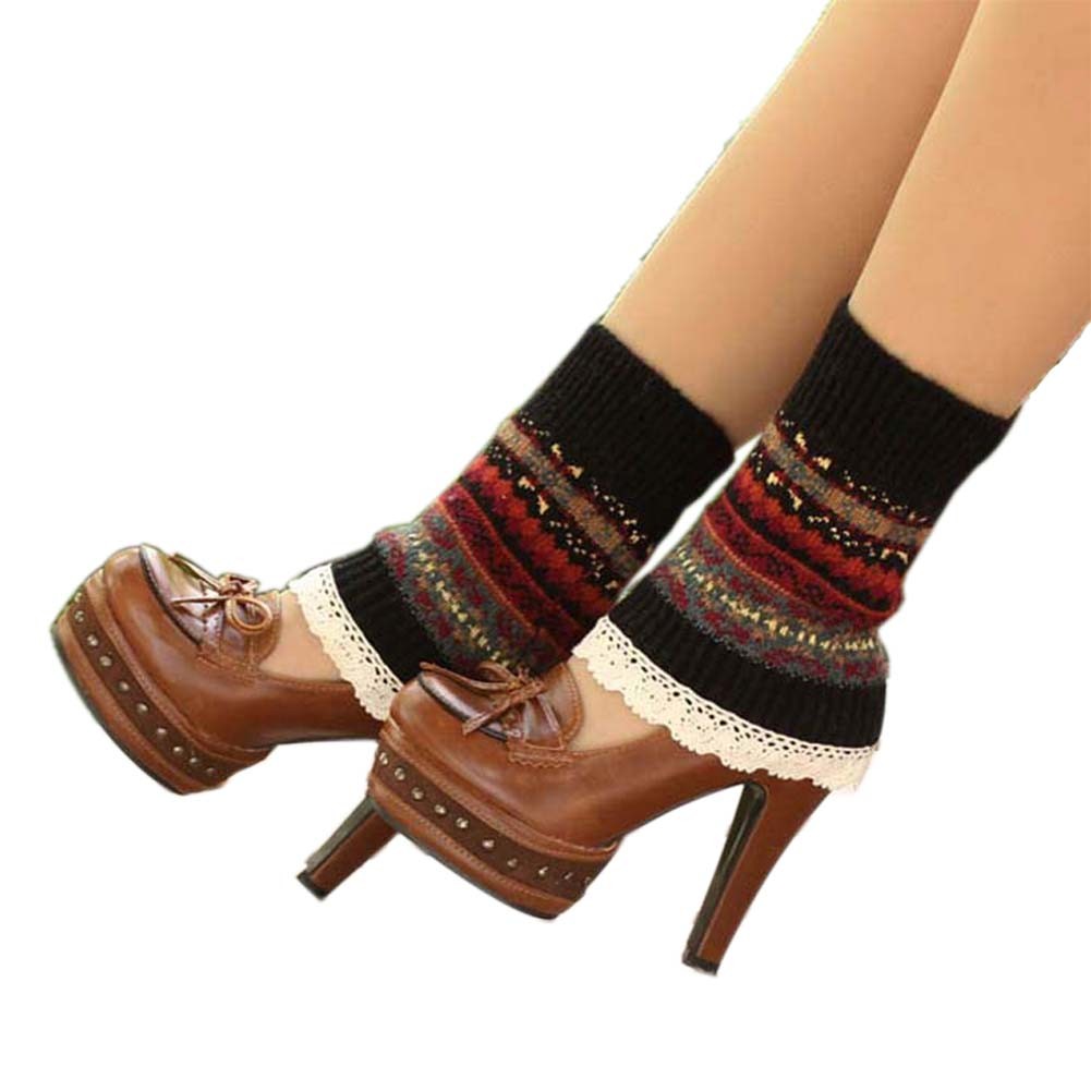Women's Short Boots Socks Knitted Boot Cuffs Ladies Leg Warmers Socks Lace Edge, Black