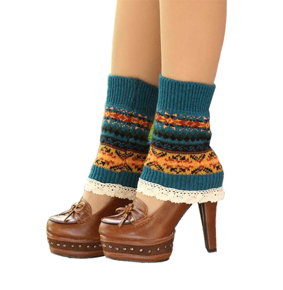 Women's Short Boots Socks Knitted Boot Cuffs Ladies Leg Warmers Socks Lace Edge, Blue