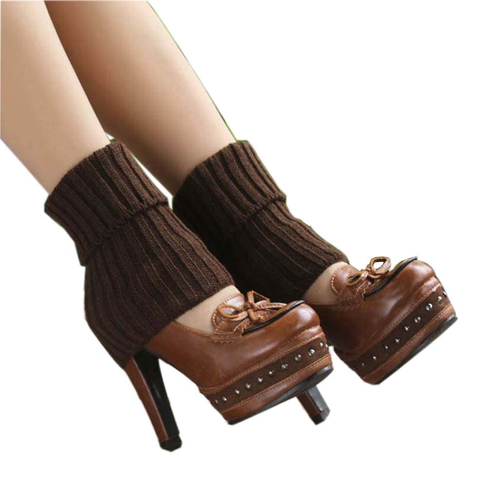 Women's Short Boots Socks Knitted Boot Cuffs Ladies Leg Warmers Socks, Coffee Stripe Pattern